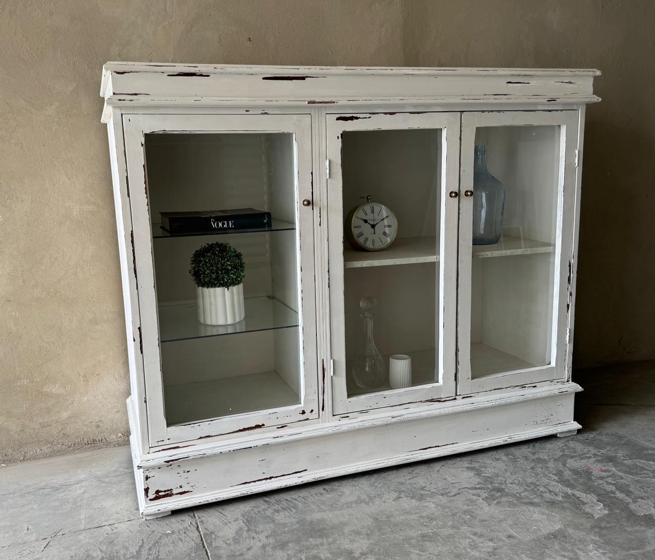 WHITE WASHED GLASS DOOR DISPLAY CABINET