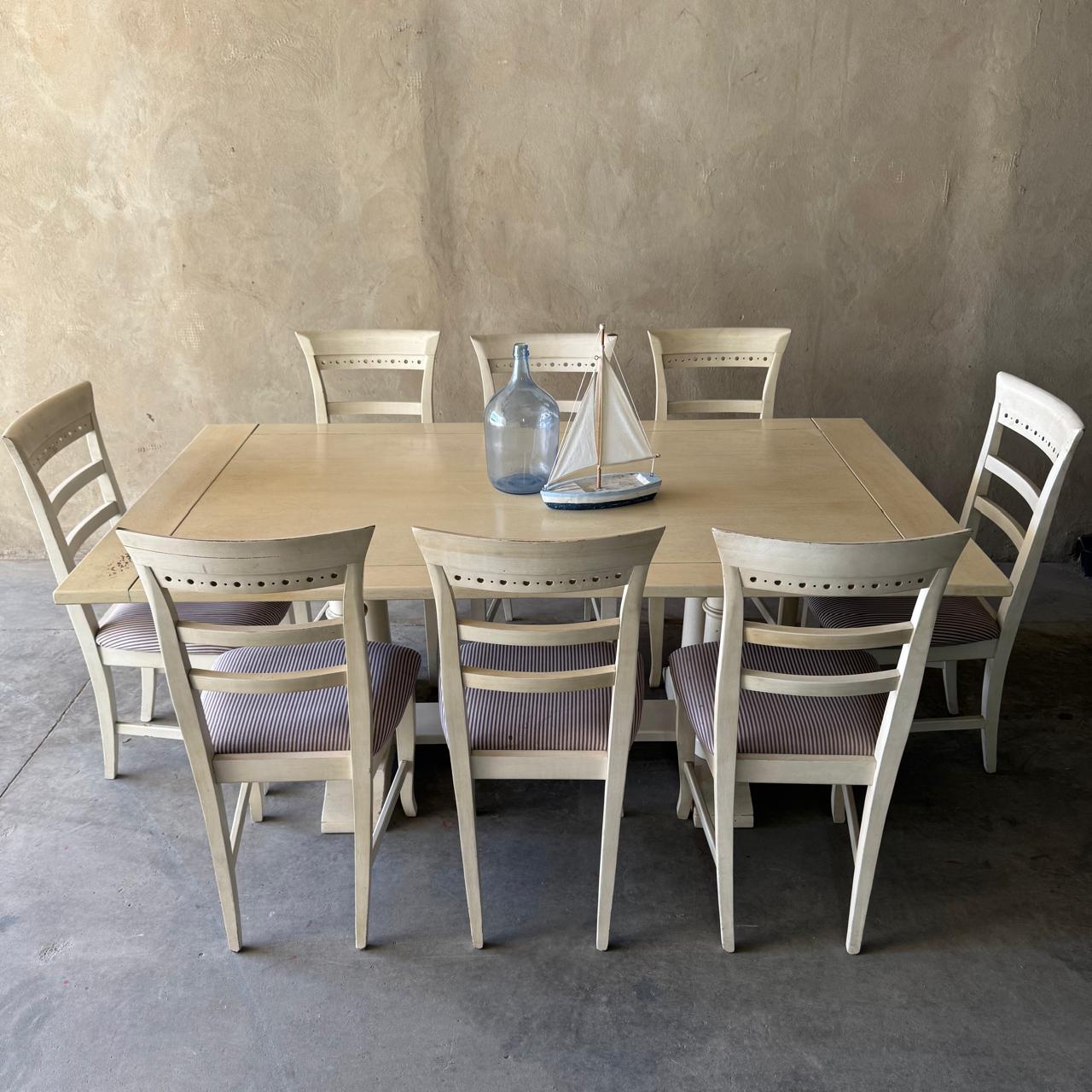 DISTRESSED WOODEN DINING TABLE 8 CHAIRS
