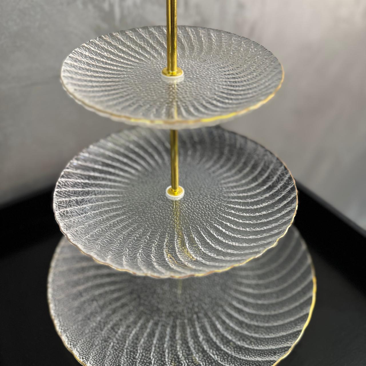 3 TIER GLASS CAKE STAND - GOLD TRIM