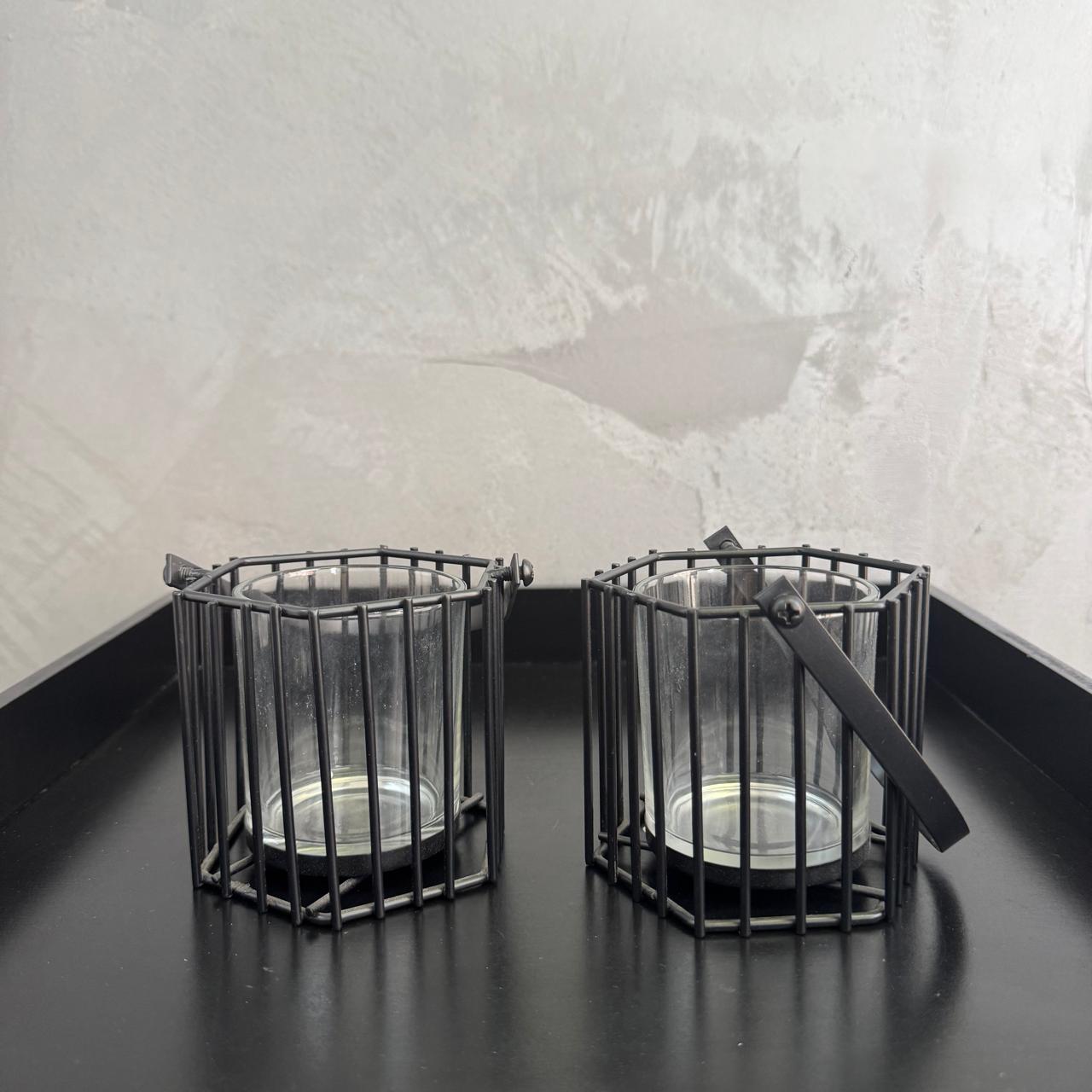 BLACK CAGE CANDLE HOLDERS SET