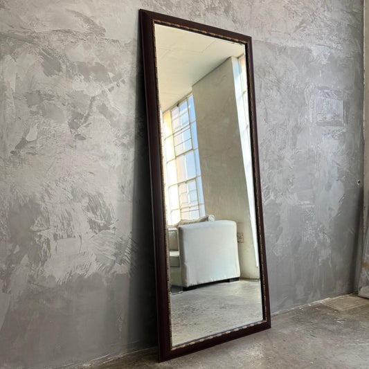 LARGE DARK WOOD MIRROR WITH GOLD TRIMMING